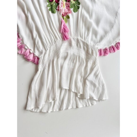 MISS JUNE White Sequin Embroidered Pink Tasseled Mini Caftan Cover Up, One Size - Picture 7 of 11